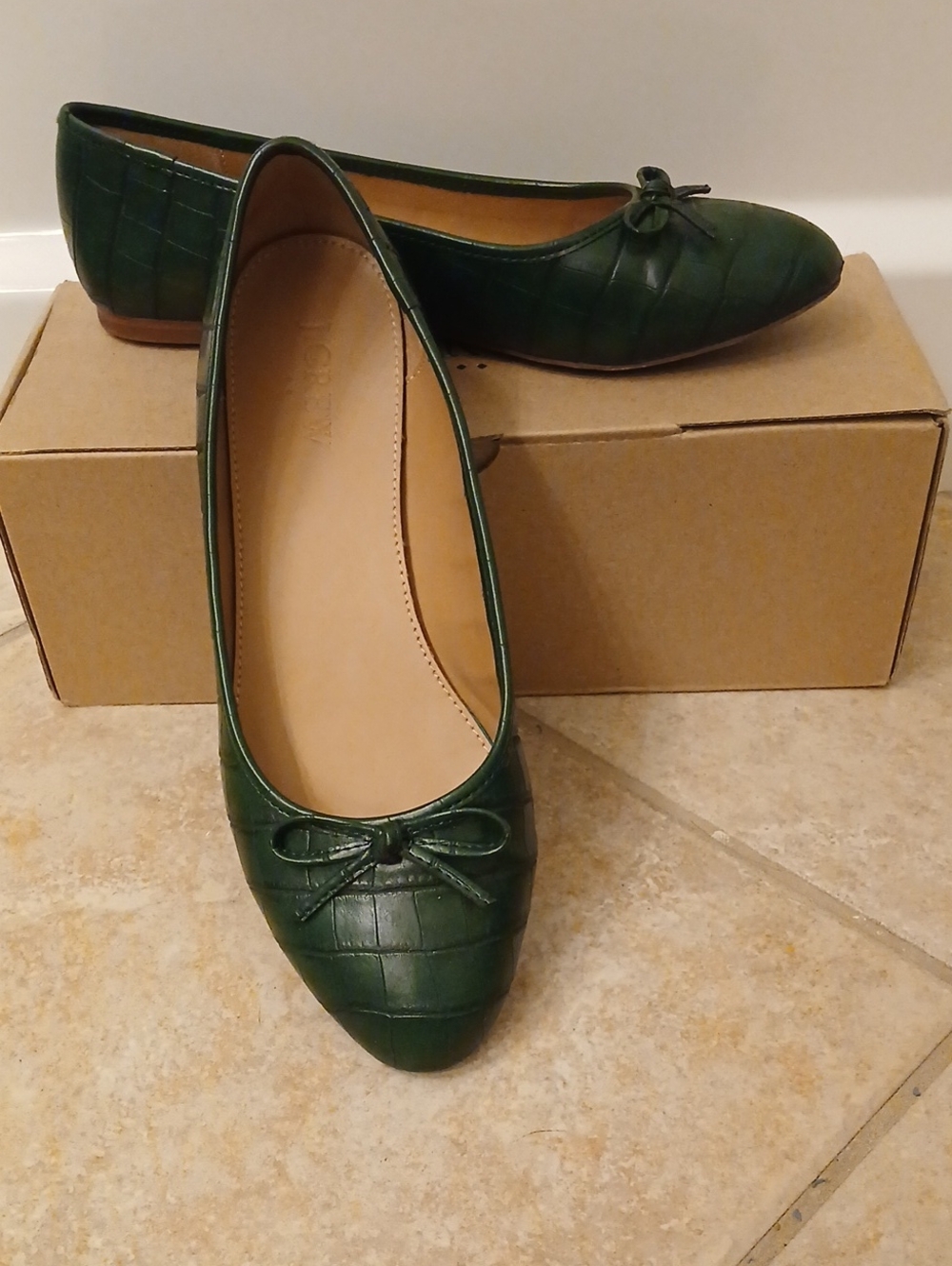 J. Crew Dark Green Croc-Embossed Ballet Flats with Bow